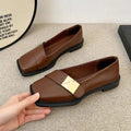 Women's flat-heeled shoes, beige, square toe, metal buckle detail, artificial leather, low heel