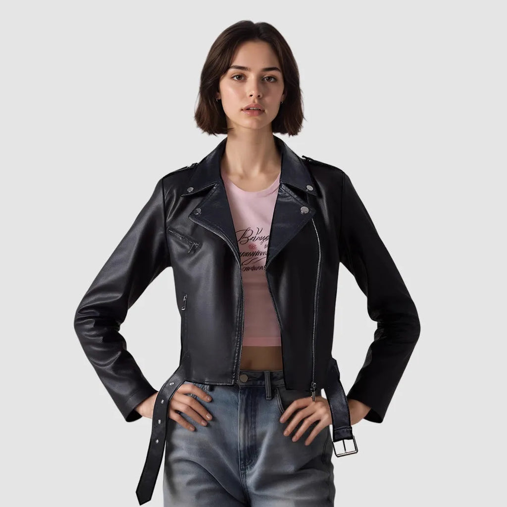 Women's black PU leather motorcycle jacket with lapel collar and adjustable waist belt on a hanger.