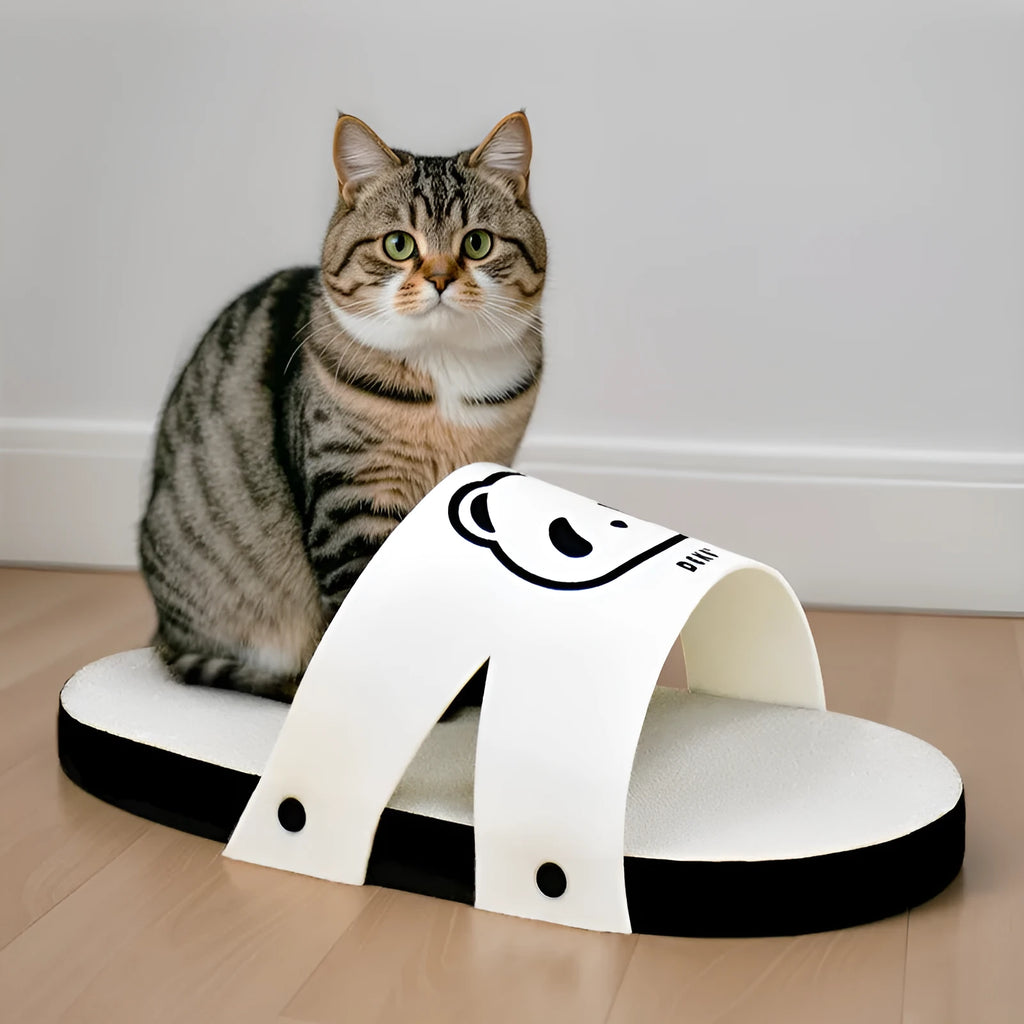 White corrugated paper cat scratch board with slipper-style design on floor