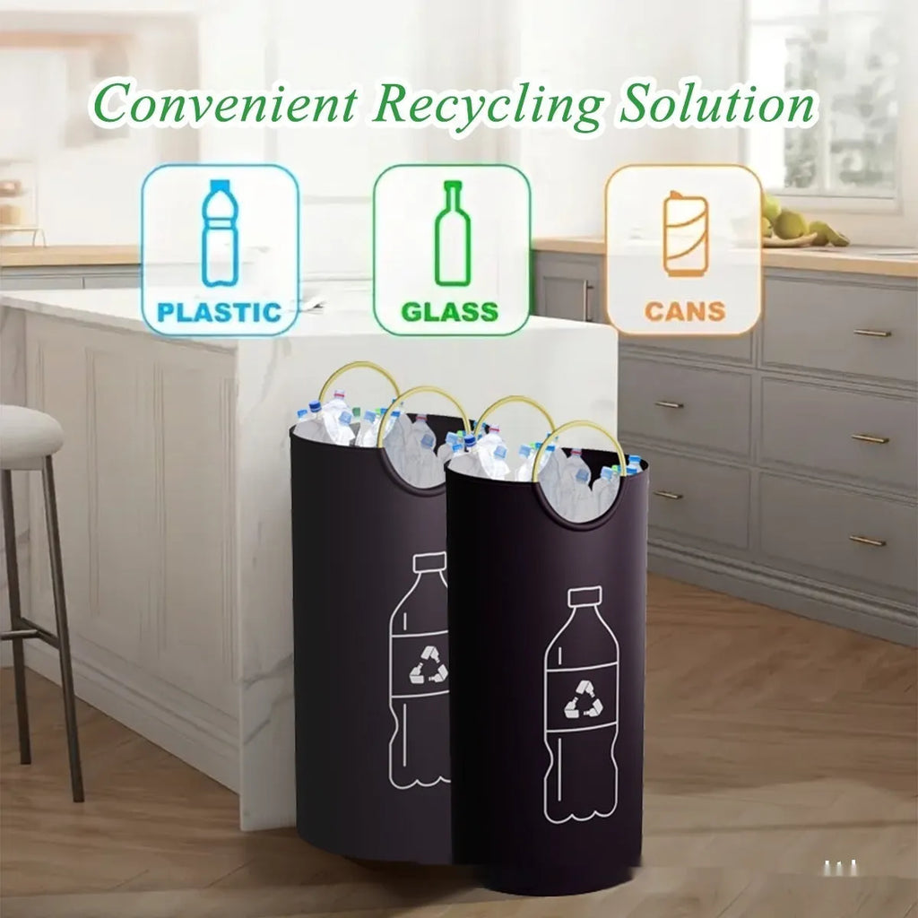 Round collapsible portable trash can with a plastic bag liner, shown next to its 38cm x 72cm dimensions.