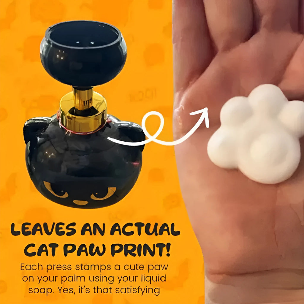 Black cartoon cat-shaped plastic soap dispenser pump bottle on a counter.