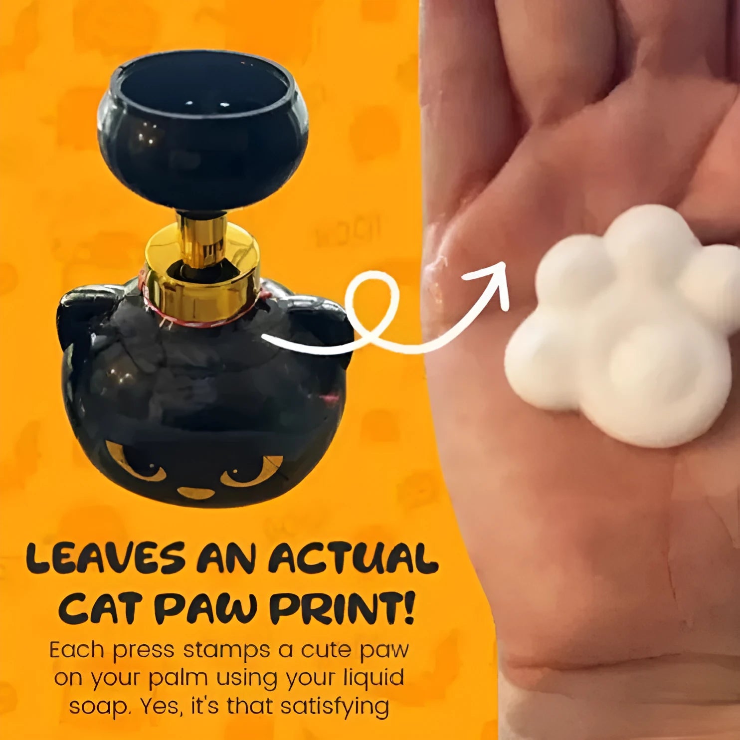 Black cartoon cat-shaped plastic soap dispenser pump bottle on a counter.