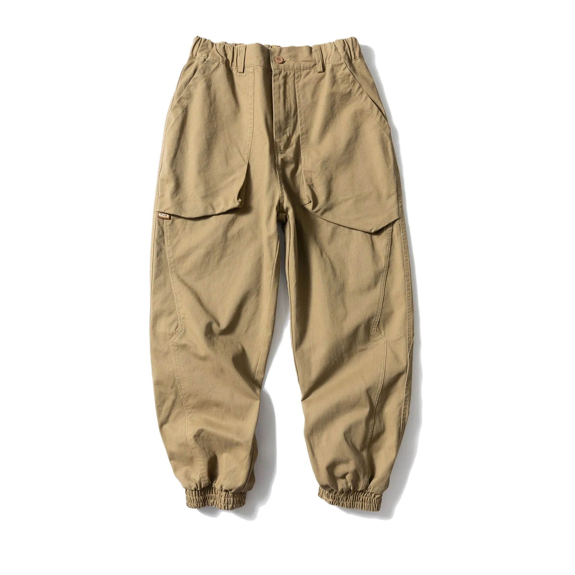Solid colour large pocket tapered casual pants in black, ankle tie design, cotton loose fit Japanese retro style