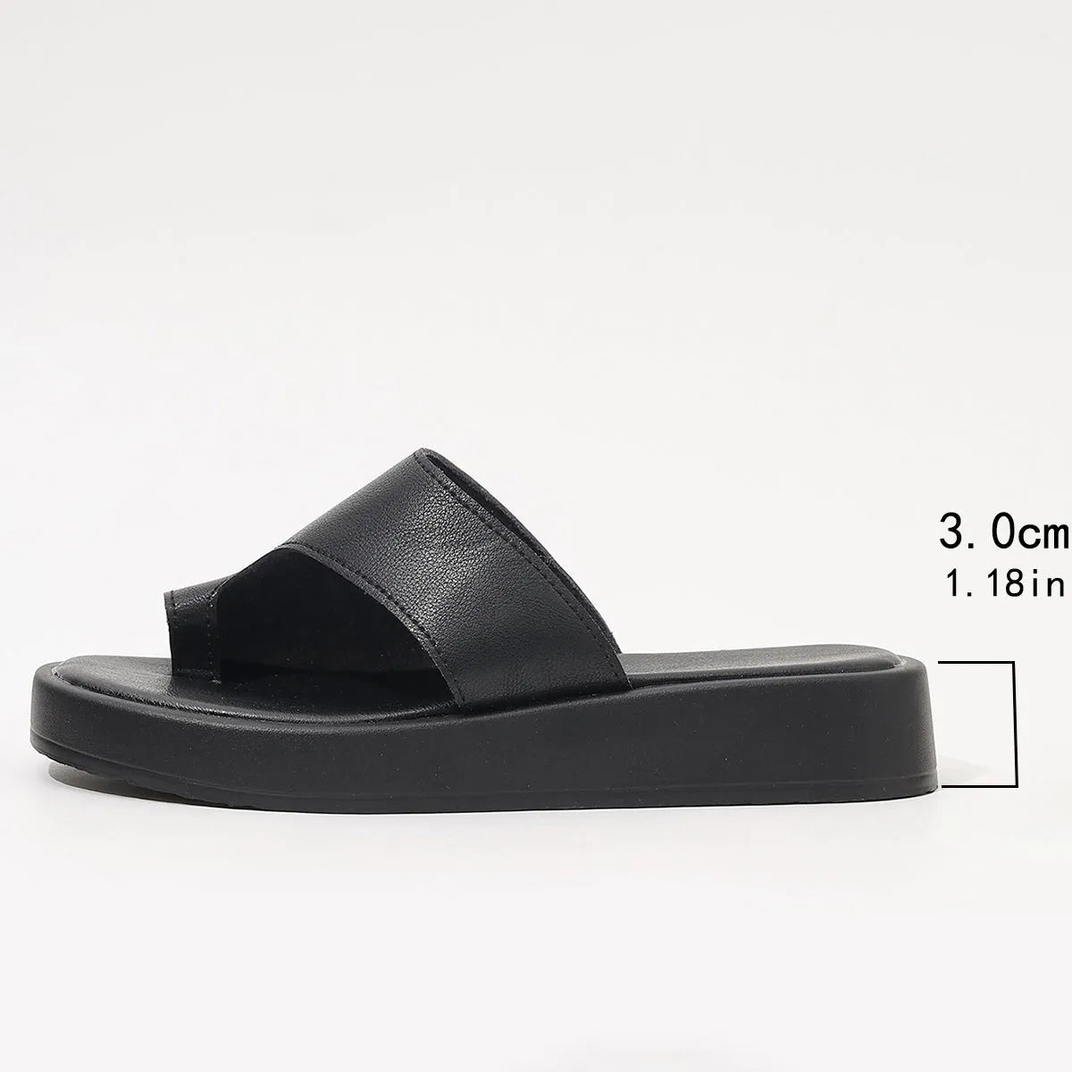 Women's thick-soled clip toe flat slippers in black with round toe and PU upper