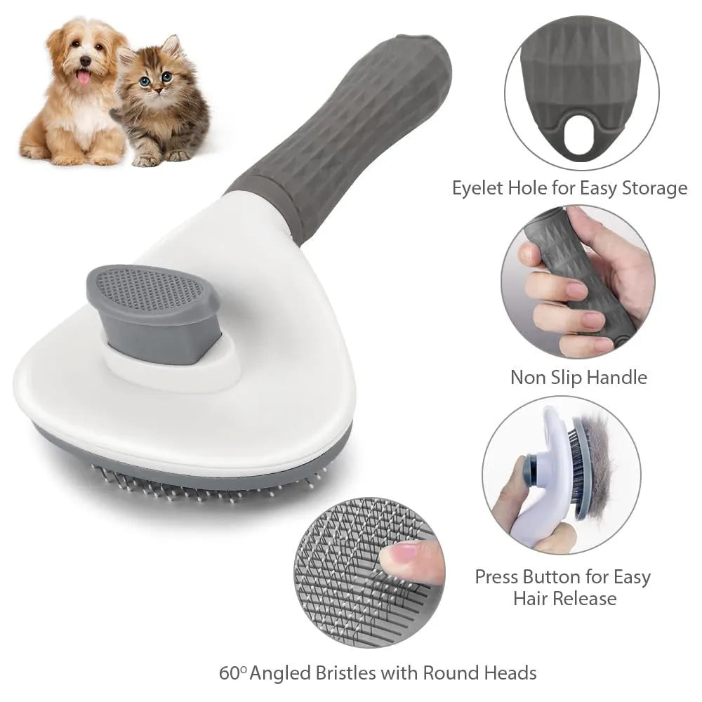 Cat grooming brush with a release button, shown in blue, grey, and pink colour options.