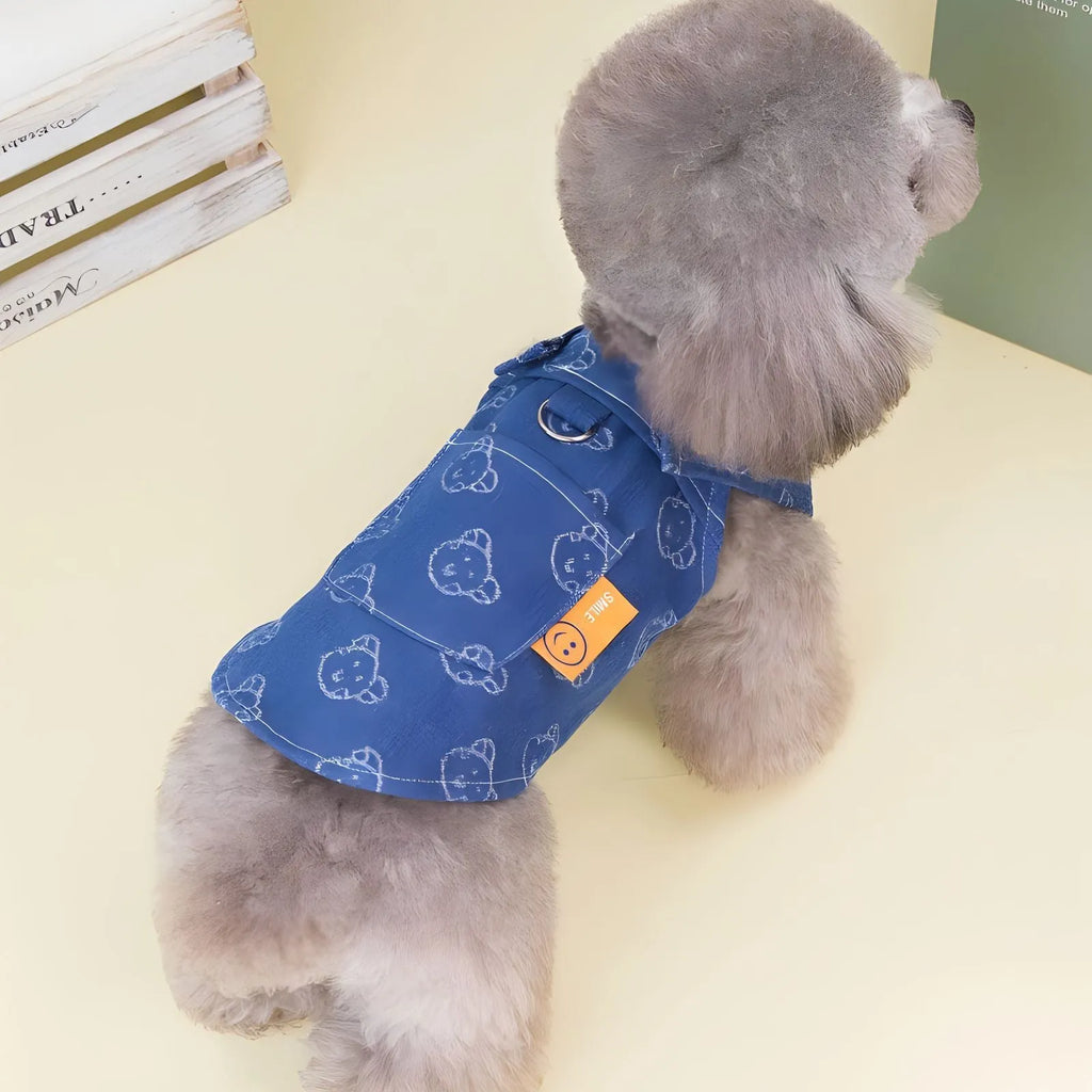 Teddy Bichon dog wearing denim princess dress with bracket design for spring and autumn seasonal wear
