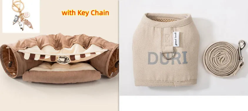 Collapsible pink cloth cat tunnel for small cats folded next to unfolded tunnel