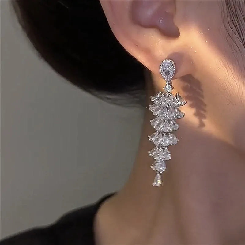 Silver pagoda Christmas tree drop earrings with zircon stones and stud fittings