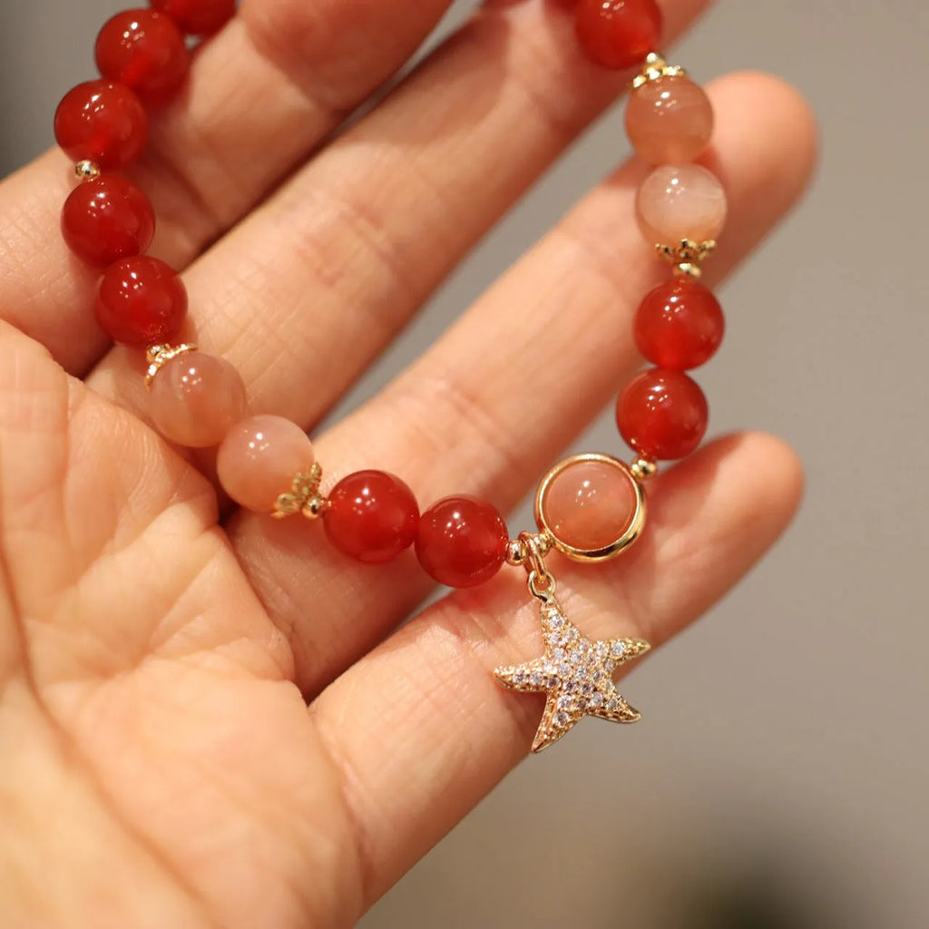 Handmade 8mm natural red agate bracelet for women, star shape, ethnic style, sands orange colour