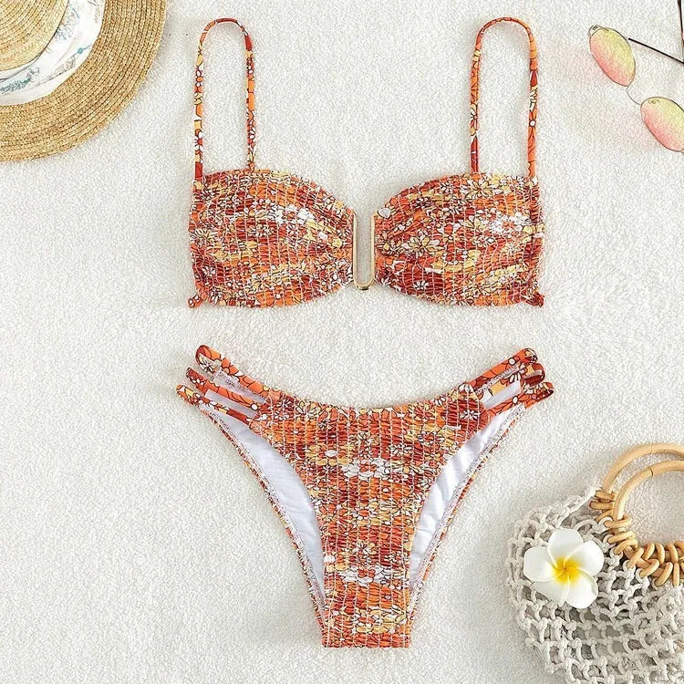 Women's floral high-waist bikini swimsuit in orange, blue, and rose red colours