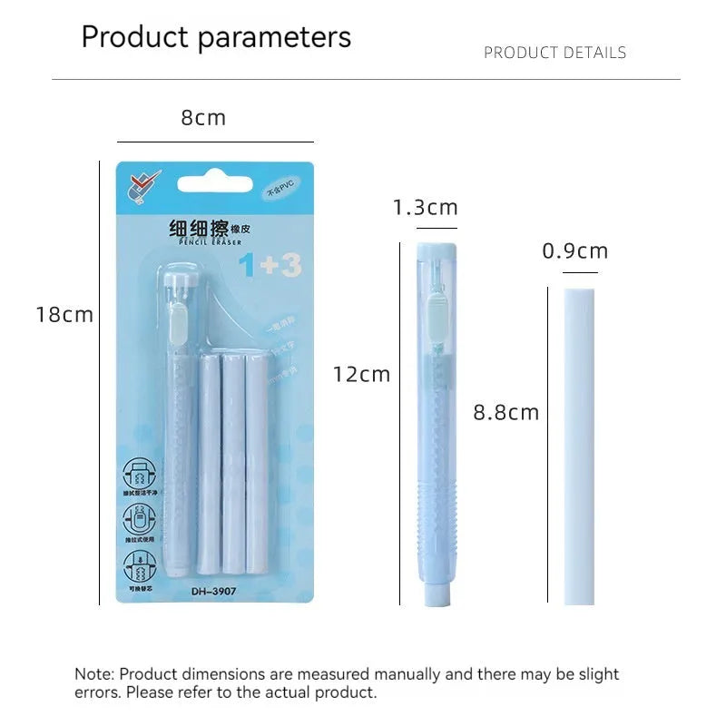 Push-type traceless automatic children's eraser in blue, green, pink, purple colours measuring 12x8cm