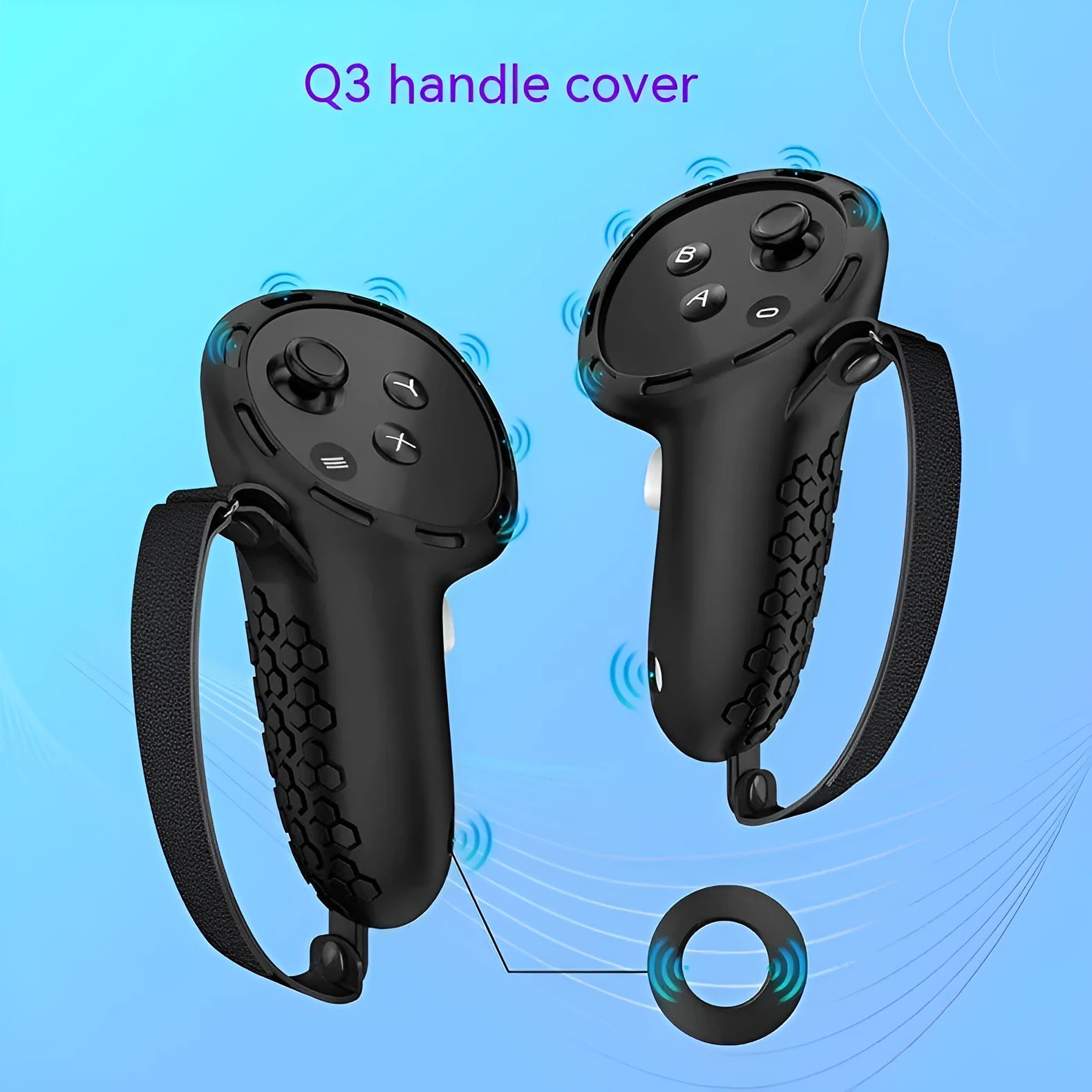 VR silicone handle protective sleeve for Meta Quest 3 in black colour showing anti-skid grip design