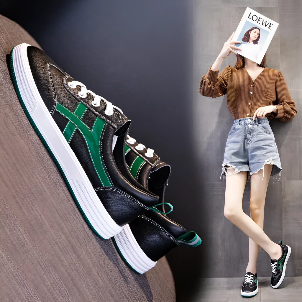 White and black casual Korean style low-top sneakers with sequin detailing, first layer cowhide upper, elastic band closure, and rubber sole