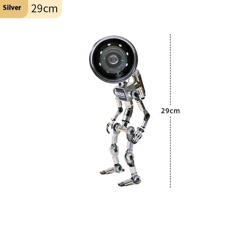 Robot-shaped desk lamp with custom graphic printing in silver or copper finish