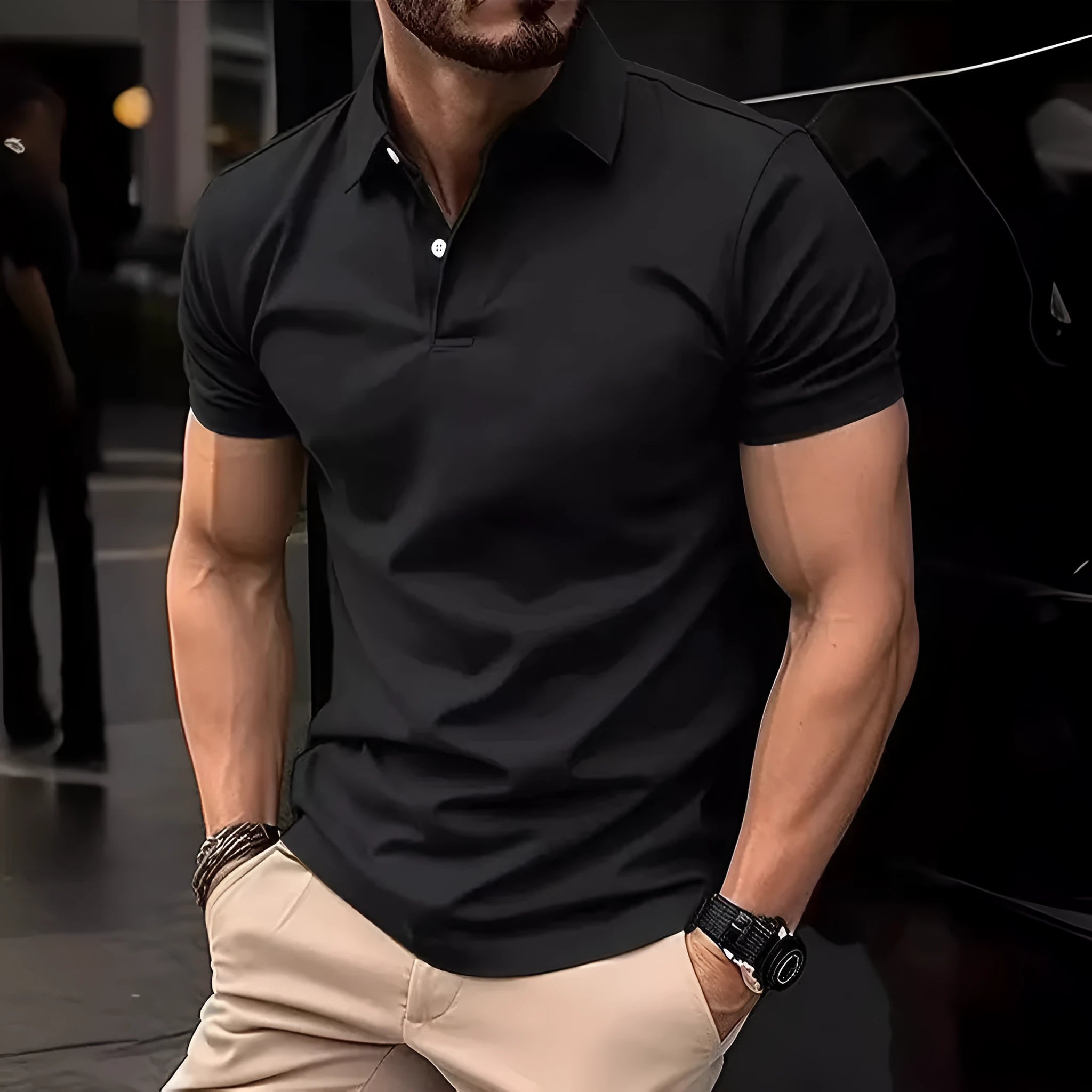 Men's slim fit casual short sleeve button shirt in a solid colour on a hanger.