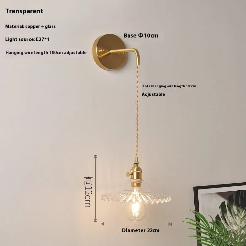 Copper retro wall lamp with a glass lotus shade in one of six colour options.