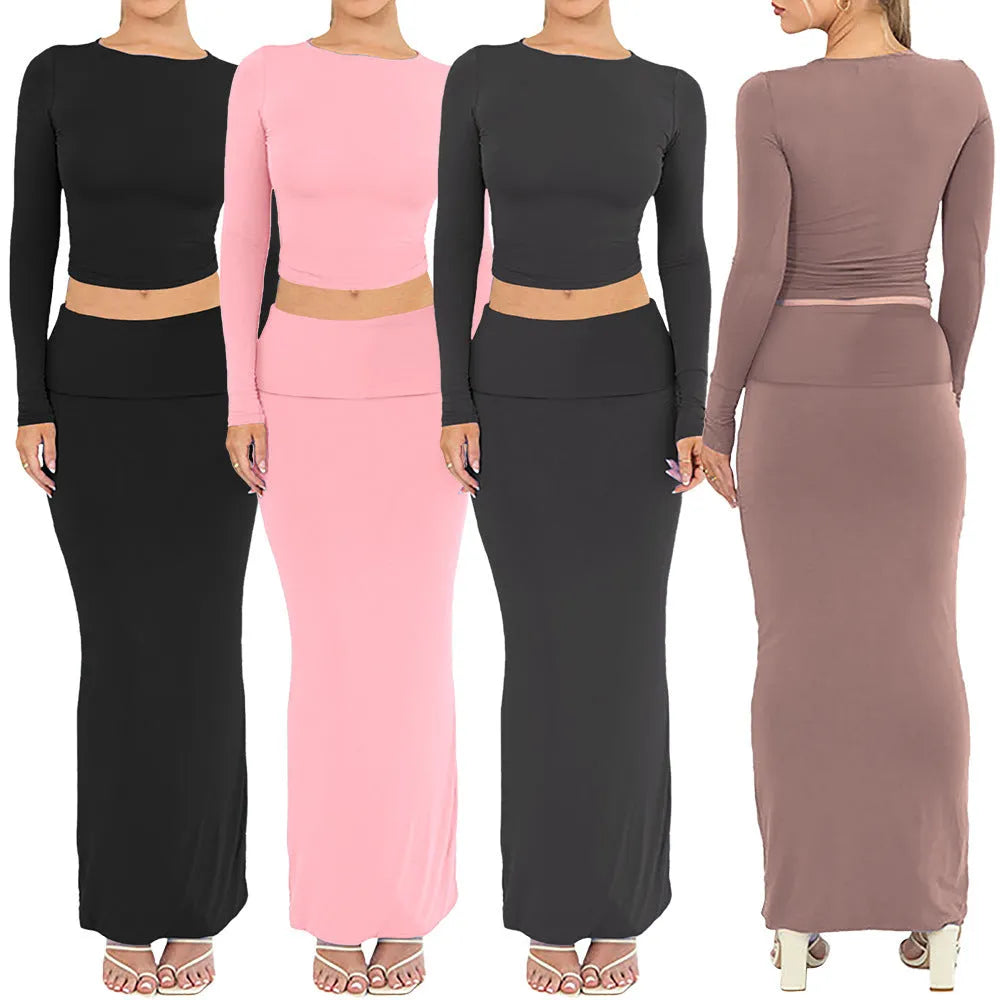 Women's slim fit autumn two-piece suit set in a sweet style with a long skirt and exposed navel top.