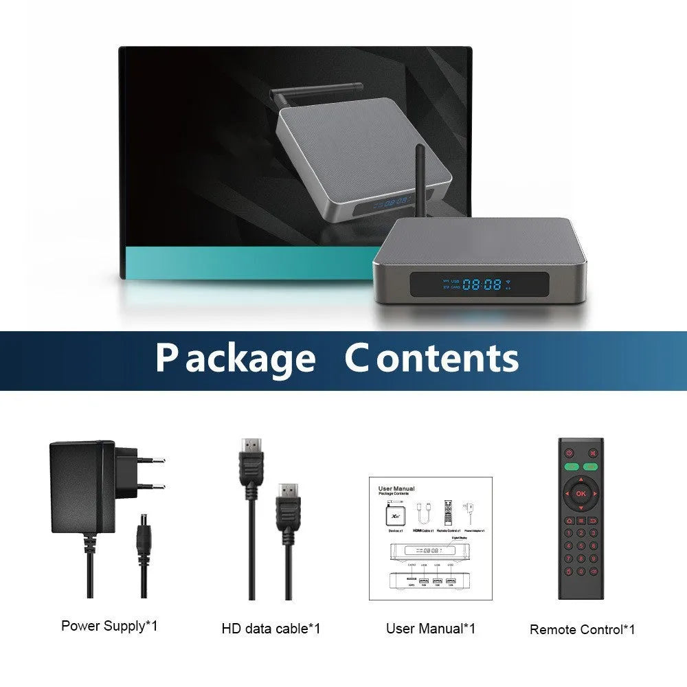 Square black Android TV set-top box with HDMI port and remote control on a wooden surface