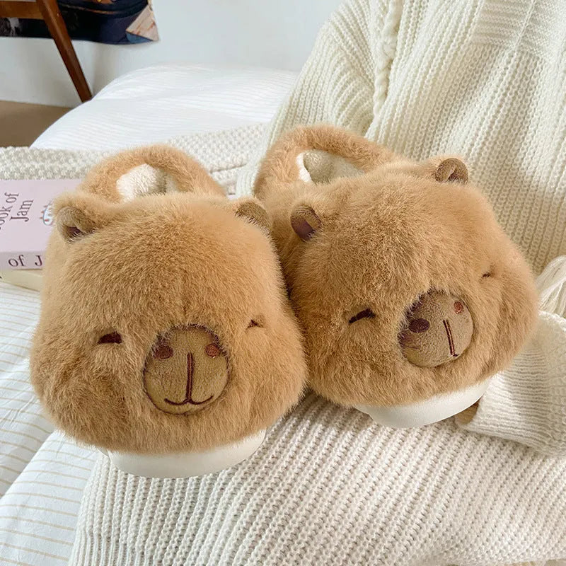 Light brown women's winter slippers with cartoon pattern, plush upper and artificial wool lining