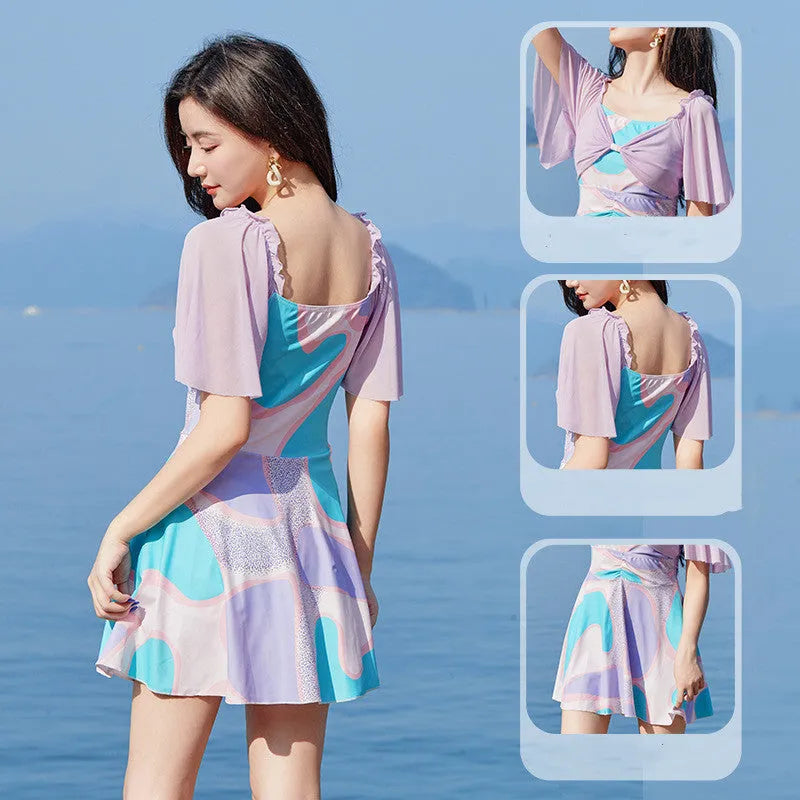 Women's one-piece high-waist floral swimsuit with bowknot detail, light purple floral colour, polyester fabric