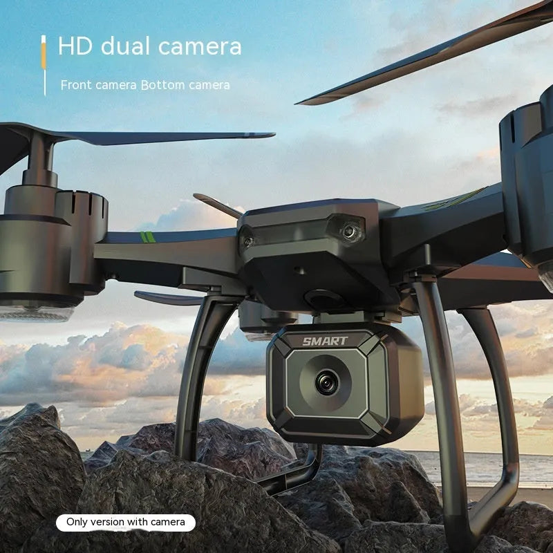 Blue third-order remote control drone with 4K dual camera, protective frame, and spare blades on grass