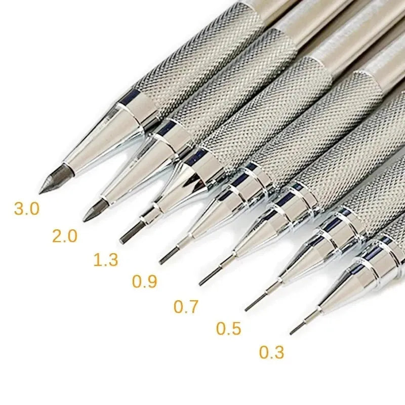 Silver metal automatic mechanical pencil with various lead size options shown.