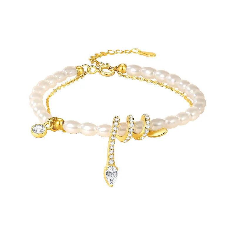 925 silver pearl snake zodiac bracelet in New Chinese style with electroplated gold or white gold finish