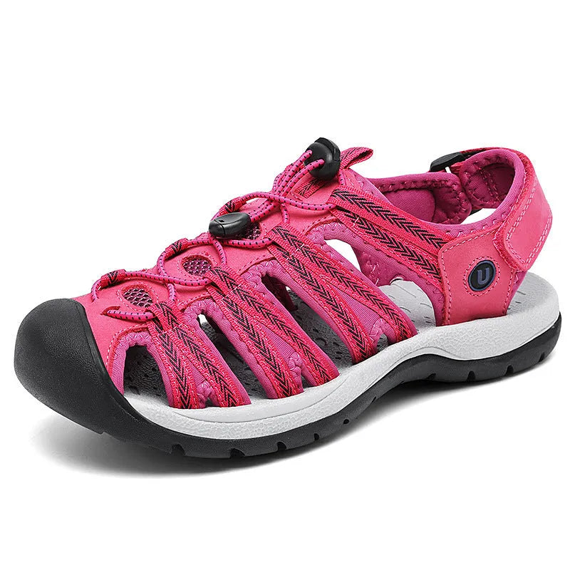 Women's plus size toe box sandals with elastic band, leather mesh upper, round toe, available in black