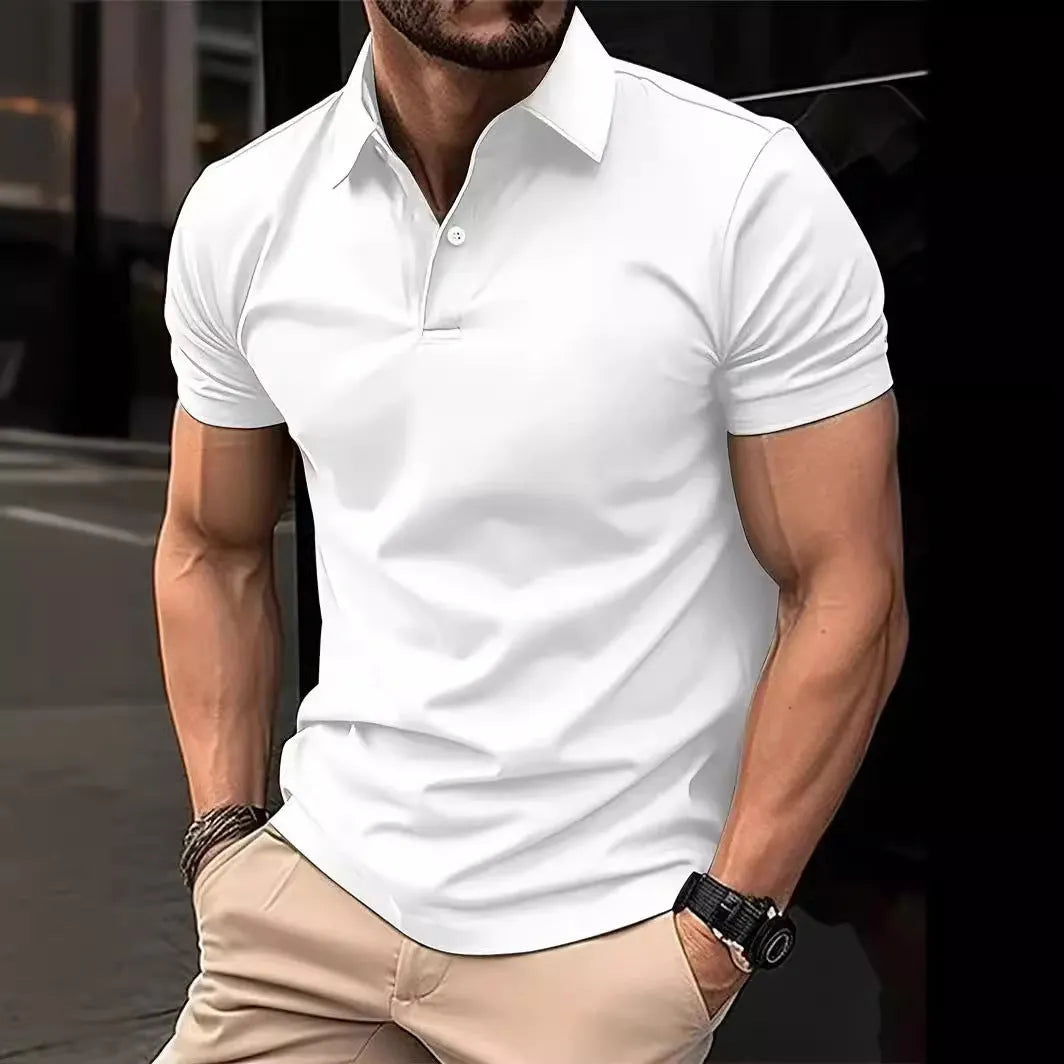 Men's slim fit casual short sleeve button shirt in a solid colour on a hanger.