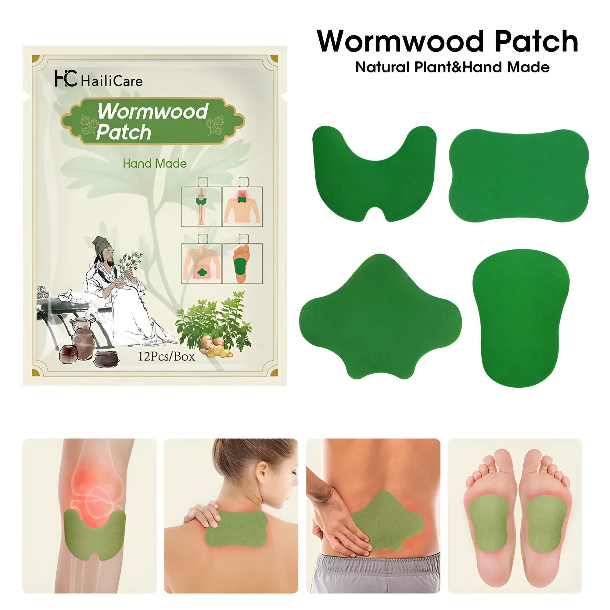 Chinese mugwort paste patches for knee, lumbar, cervical, and foot – 12 stickers per bag