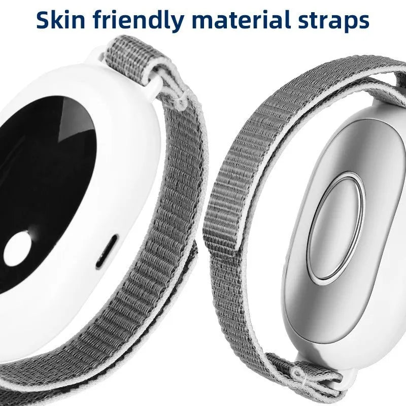 White sleep aid device with handheld remote control showing intensity adjustment buttons and USB charging port