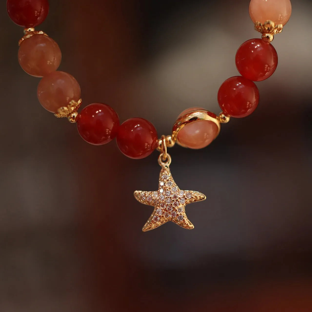 Handmade 8mm natural red agate bracelet for women, star shape, ethnic style, sands orange colour