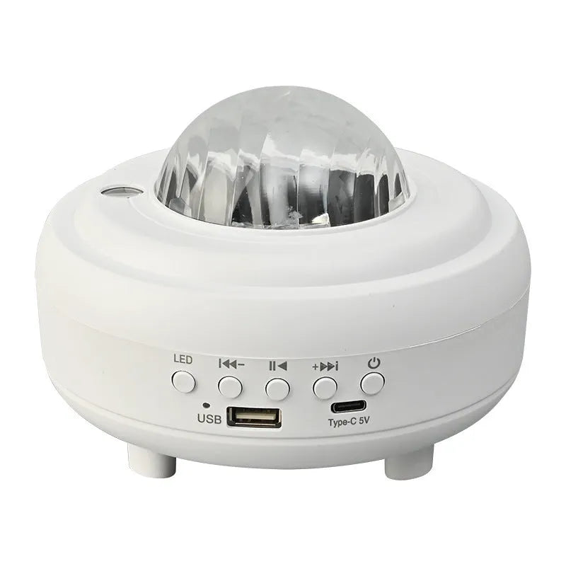 Galaxy star projector night light showing starry sky effects with 7 light patterns and a 5W speaker in white rechargeable finish