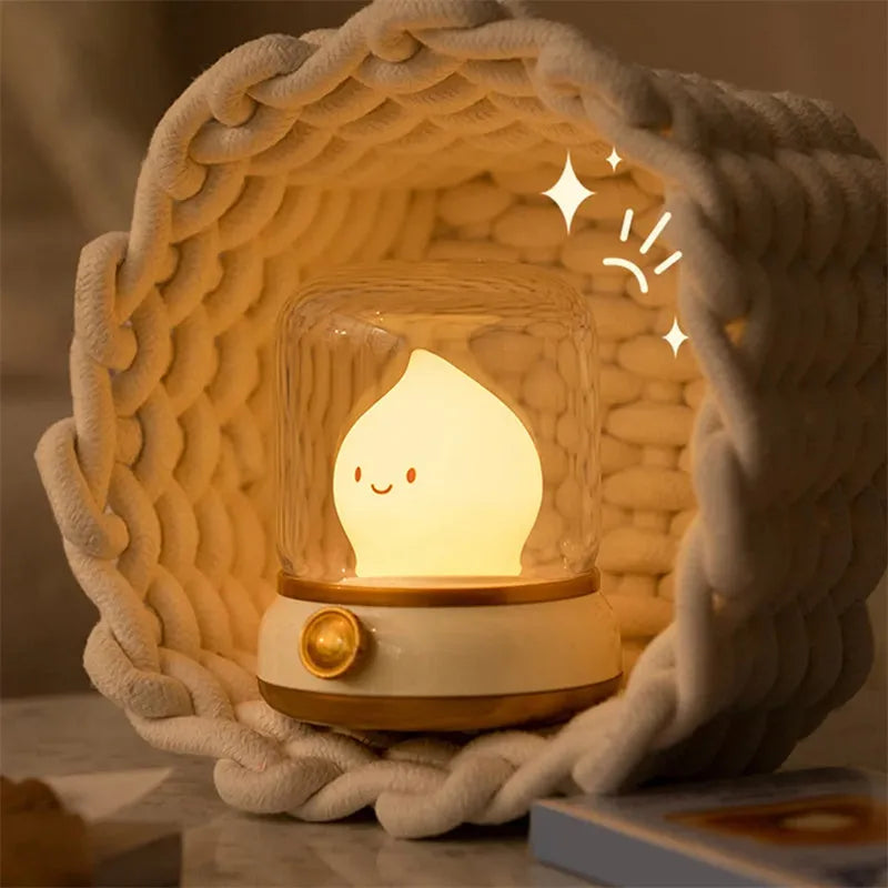 Retro USB rechargeable LED night lamp in green, compact 100x108x124mm, with dimmable knob and candlelight mode