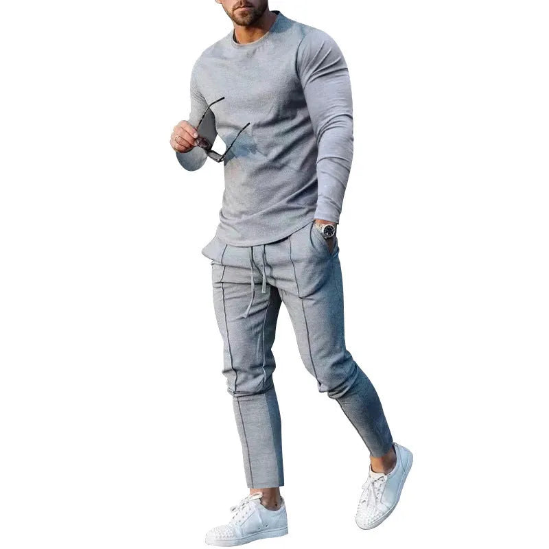 Men's light grey round neck long sleeve T-shirt and matching trousers two-piece polyester suit set.