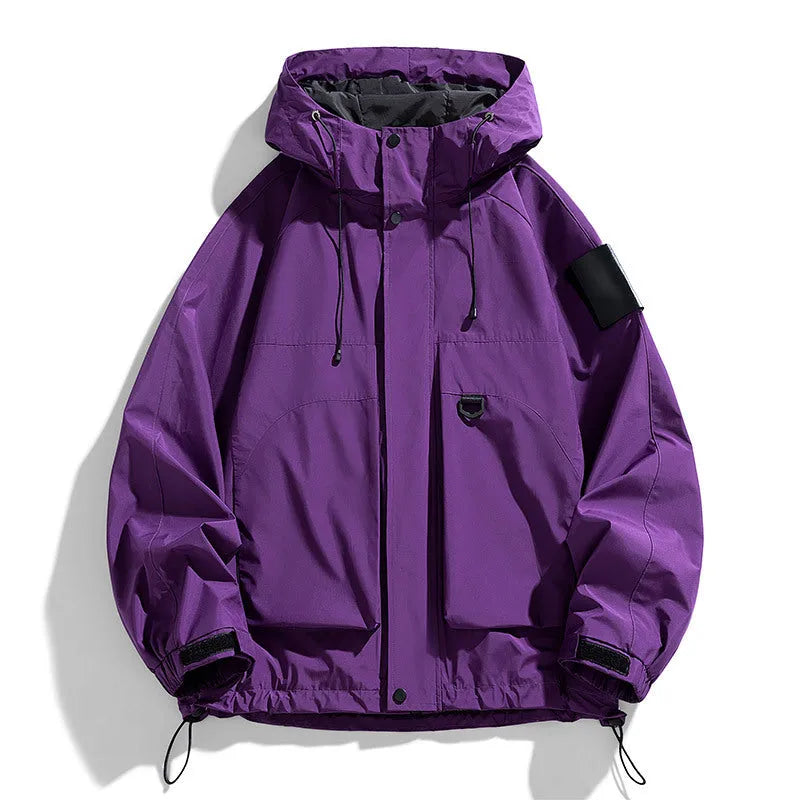 Men's black windproof waterproof hooded coat with long sleeves on a hanger.