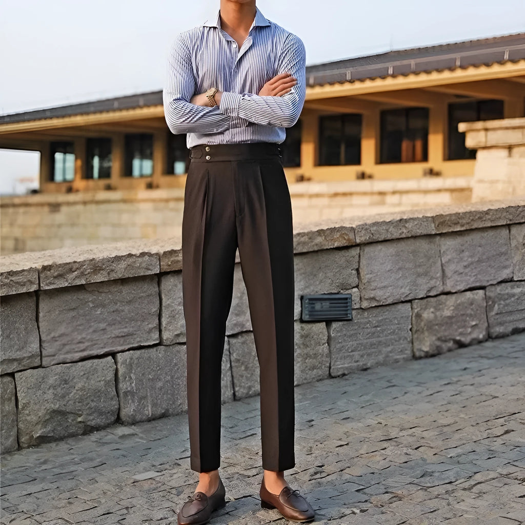 Men's slim fit suit trousers in polyester blend fabric showing straight leg design