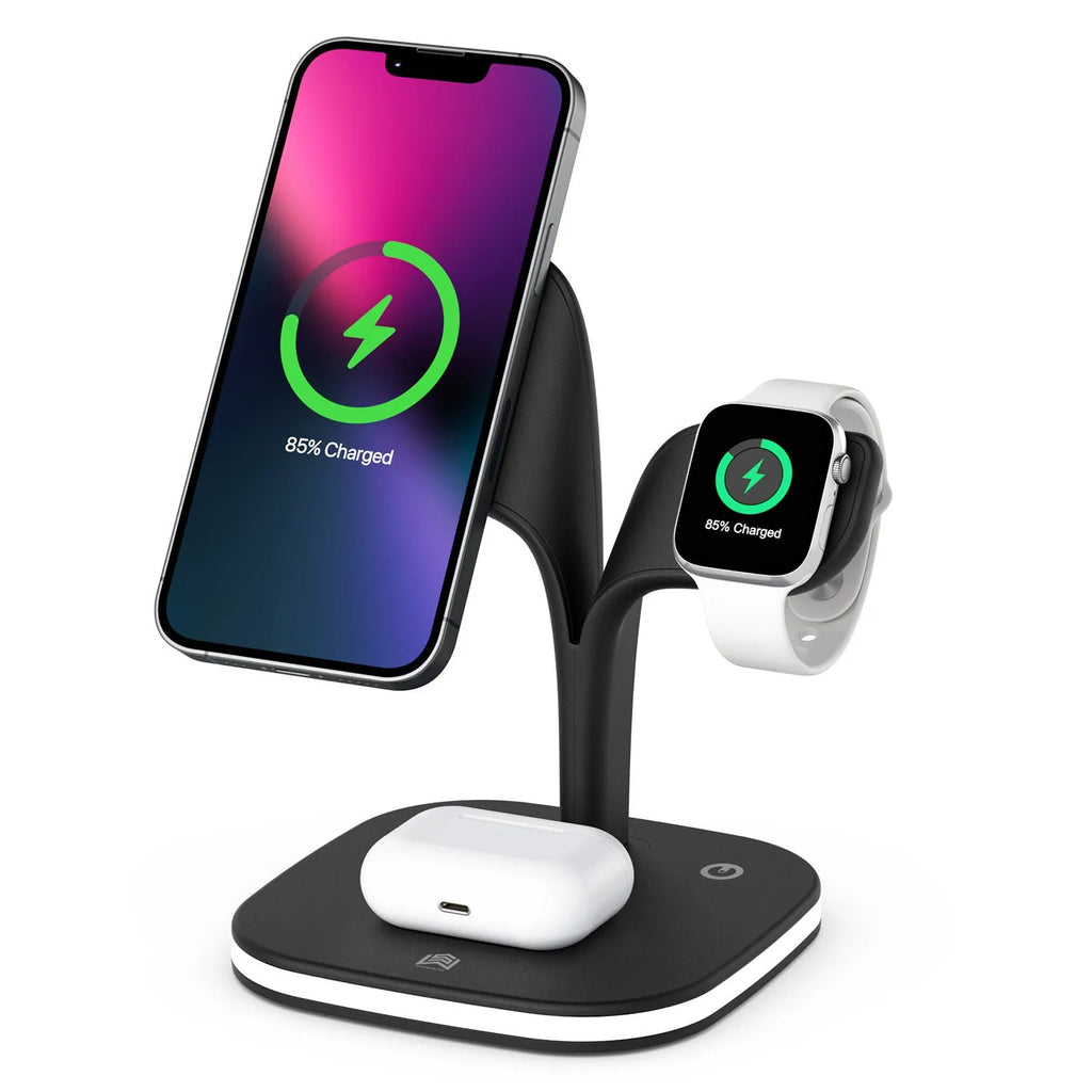 Black desktop wireless charging stand holding a mobile phone, a smartwatch, and wireless headphones.