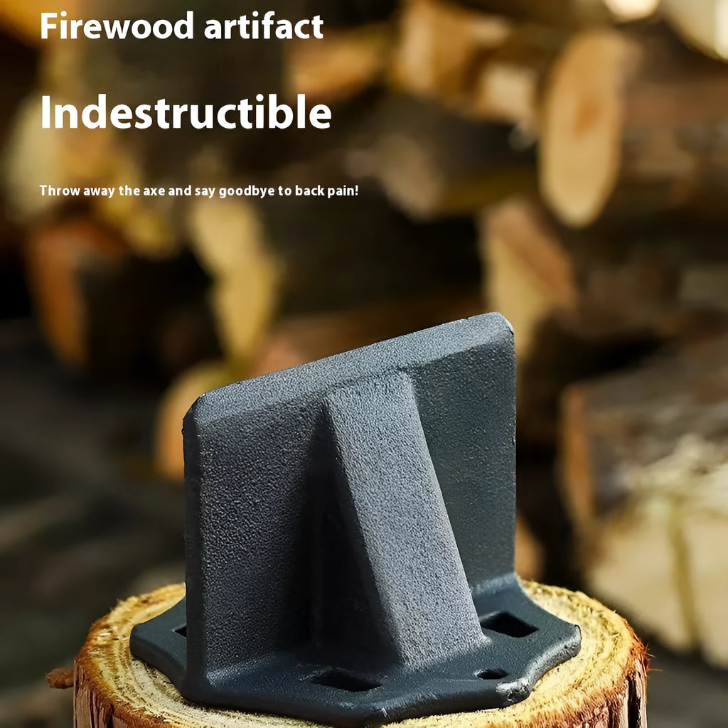 Mini cast iron square wood splitter for outdoor and household wood cutting on a wooden log