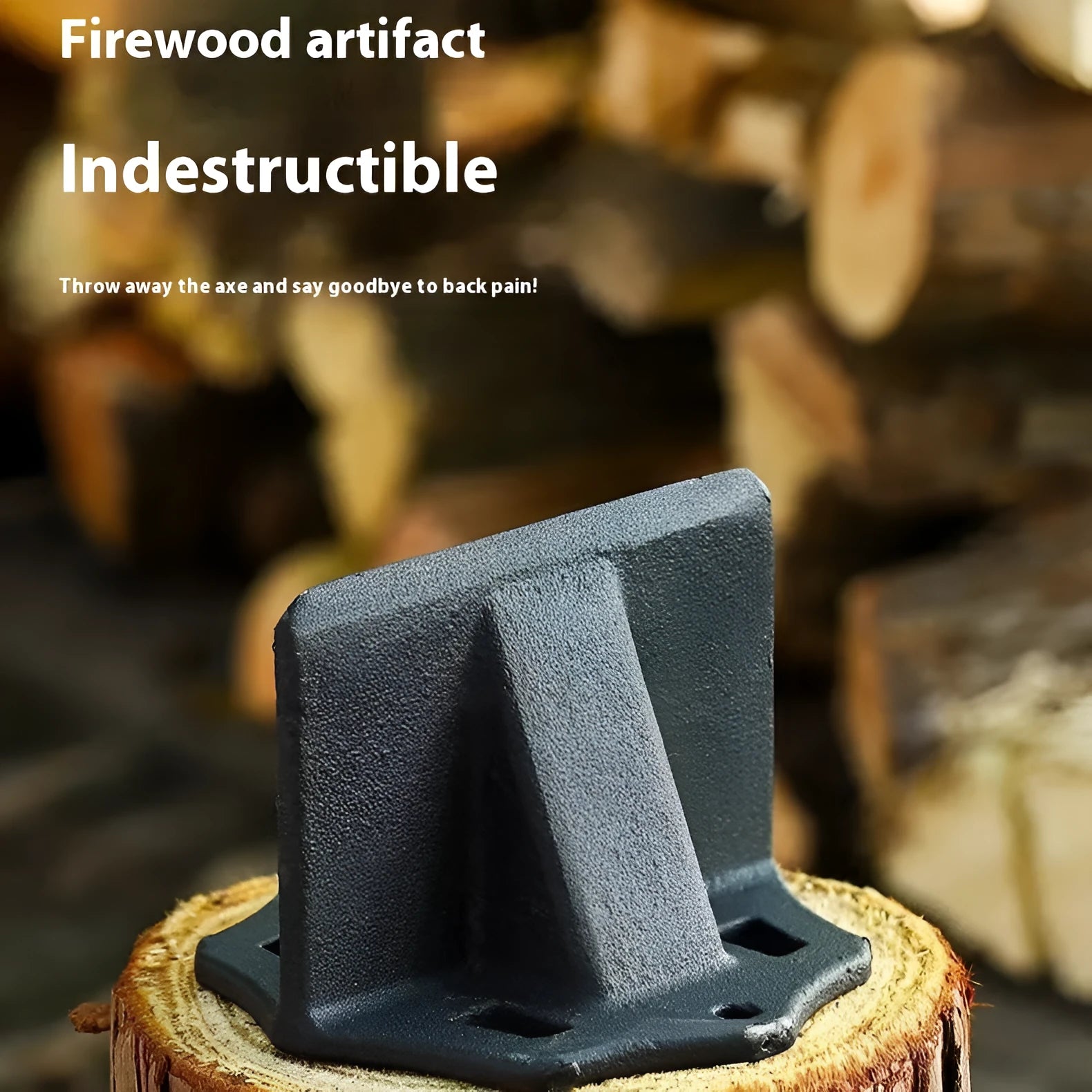 Mini cast iron square wood splitter for outdoor and household wood cutting on a wooden log
