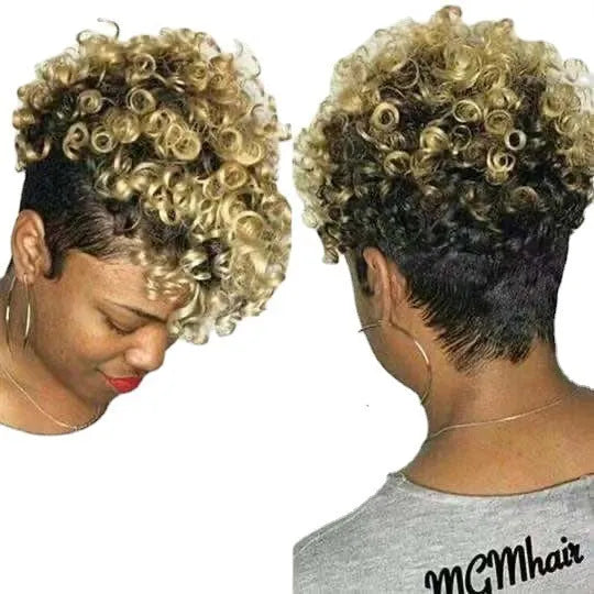 Short synthetic wig with exotic simple rolls styling in Kanekalon fibre on a wig stand.