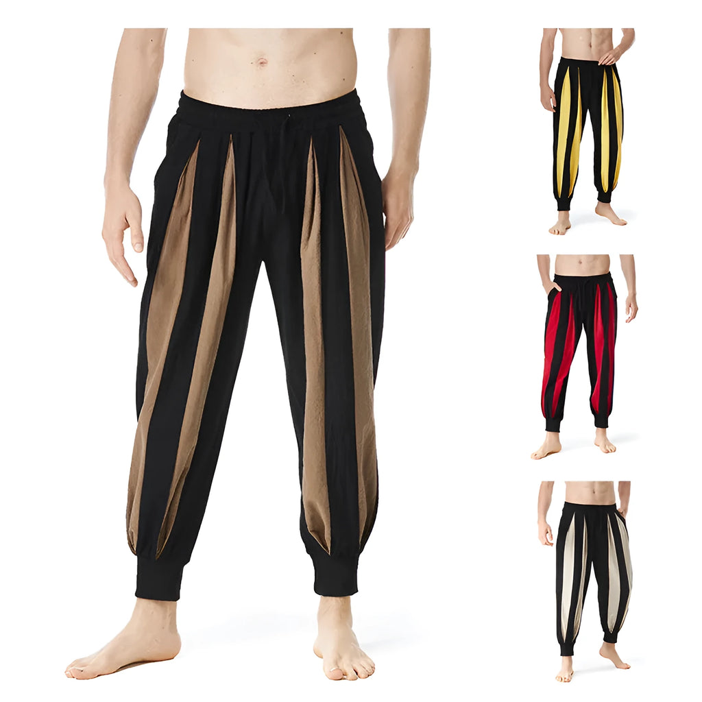 Men's straight-leg casual trousers in brown, khaki, red, or yellow for spring wear.
