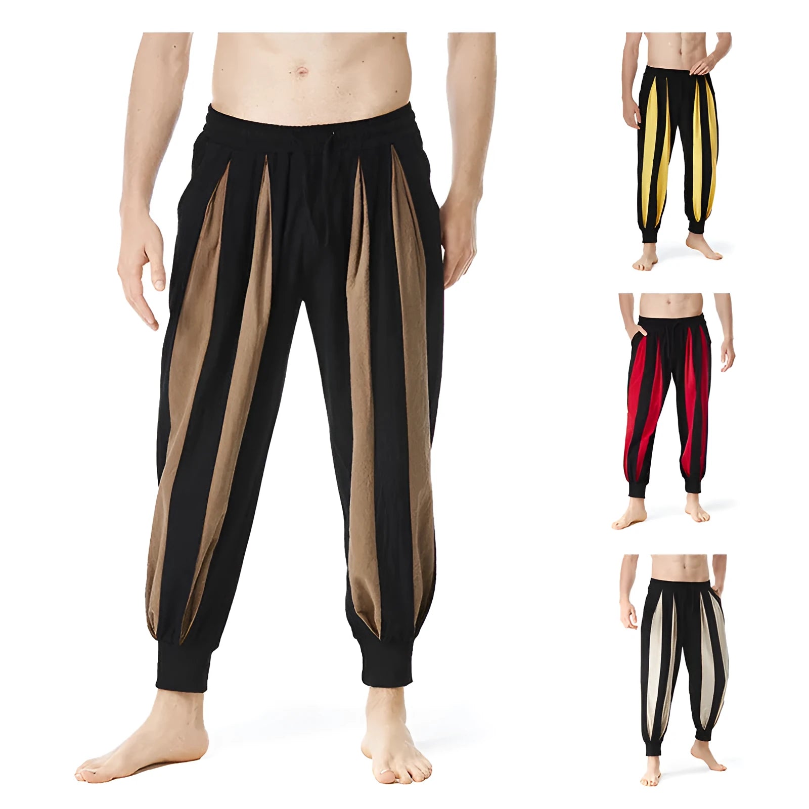 Men's straight-leg casual trousers in brown, khaki, red, or yellow for spring wear.