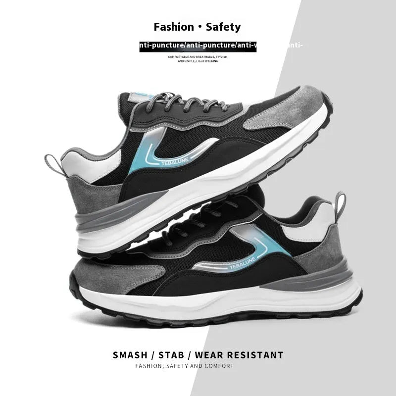 Men's low-top safety work shoes with nubuck leather and flyknit mesh upper, plastic steel toe, and PU sole