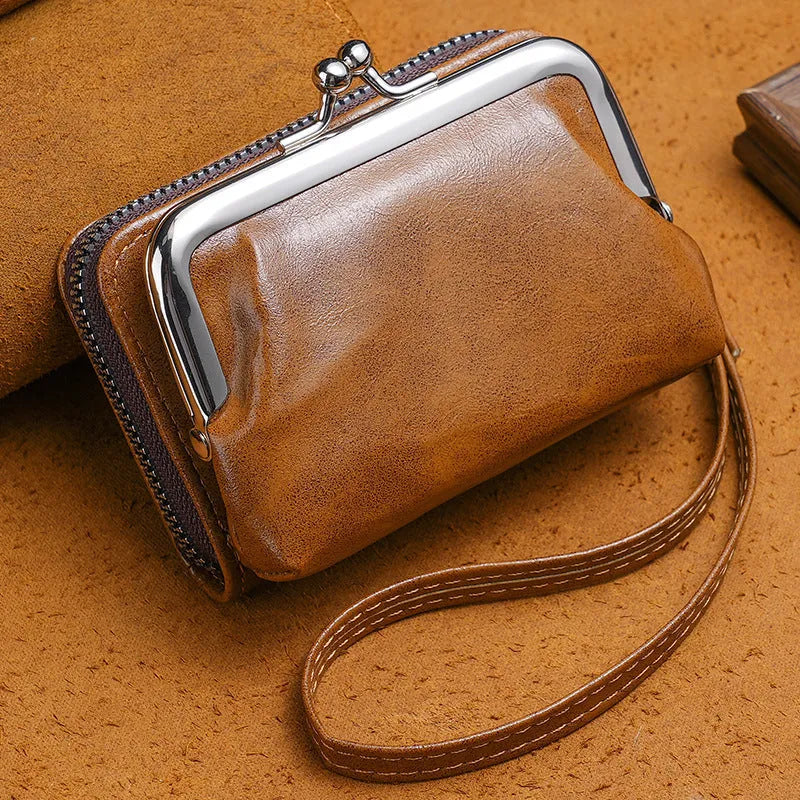 Ladies' leather buckle coin purse in 4-inch size with clip closure, shown in black colour option