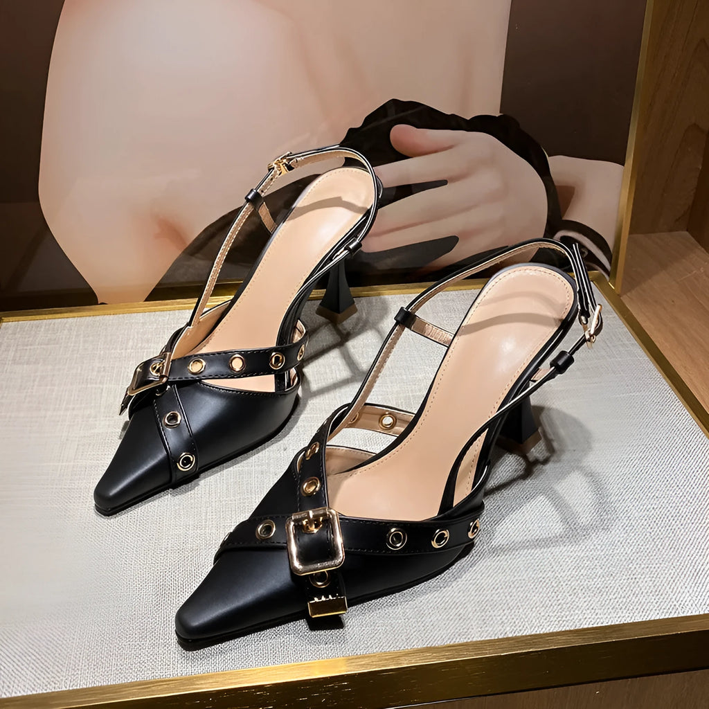 Women's mid heel sandals with cross strap belt buckle in black patent leather pointed toe