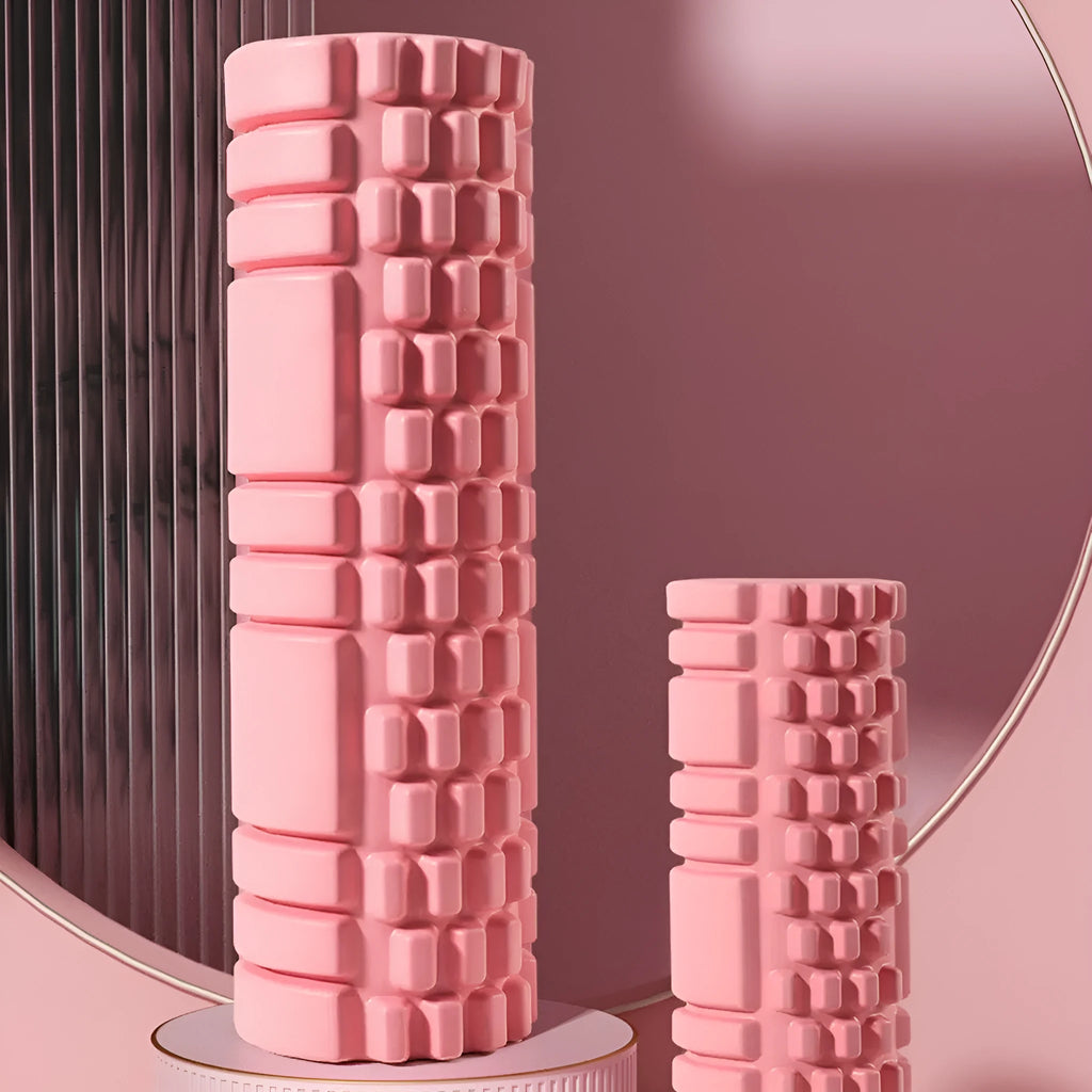 A black EVA foam roller for fitness and muscle recovery, shown alongside pink and sky blue colour options.