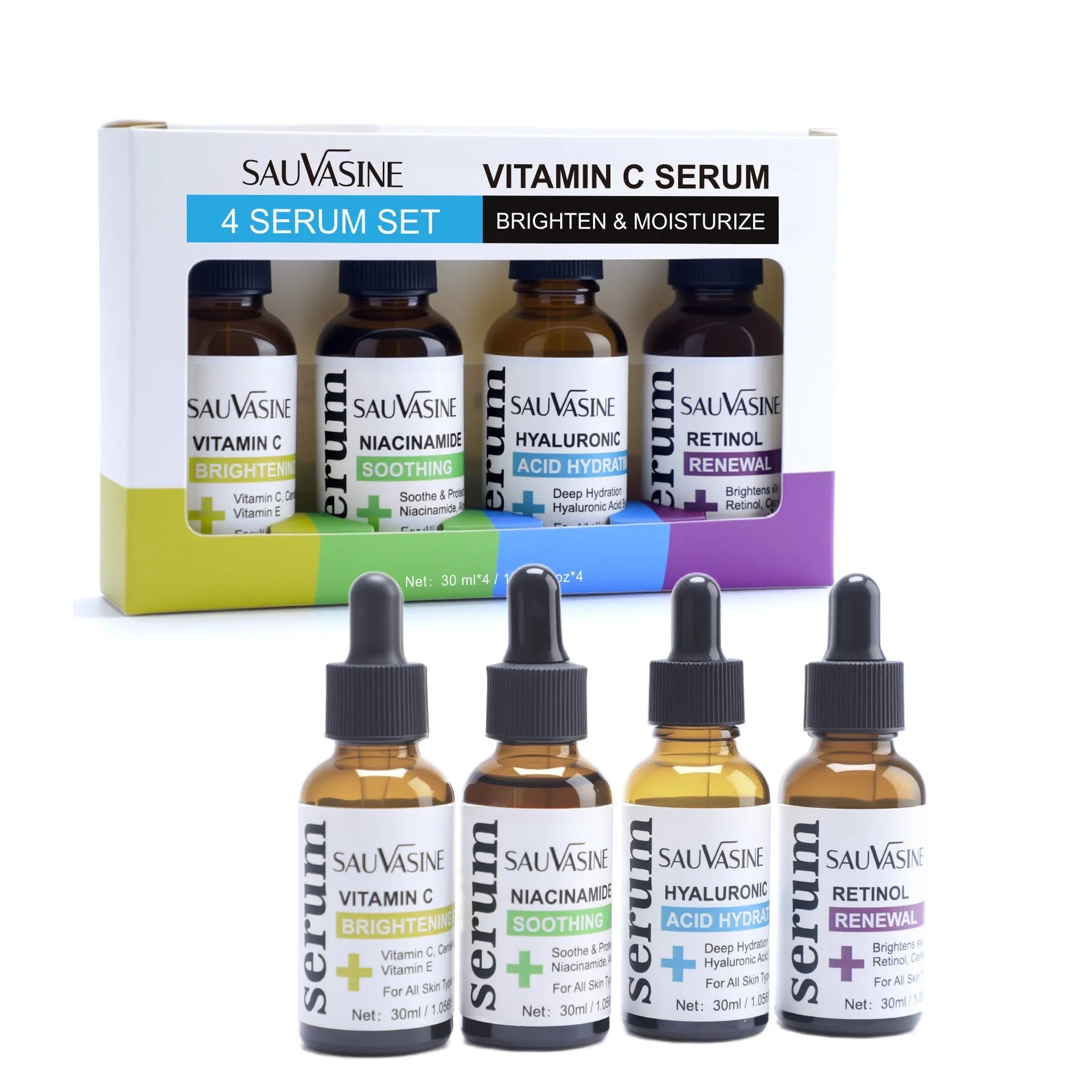 Vitamin C skincare 4-piece set with 30ml bottles for pore reduction