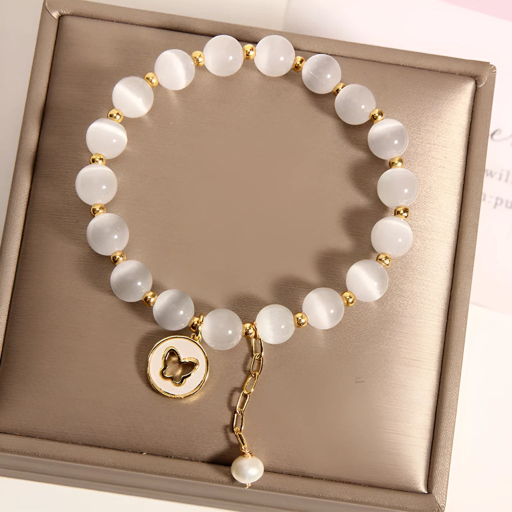 White cat's eye crystal bracelet with geometric beads, Korean-style design, manual finish