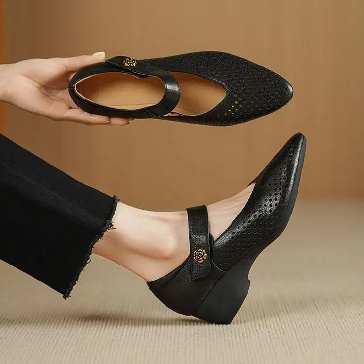 Women's black wedge high heels with pointed toe, PU upper, and hook-loop strap against a white background